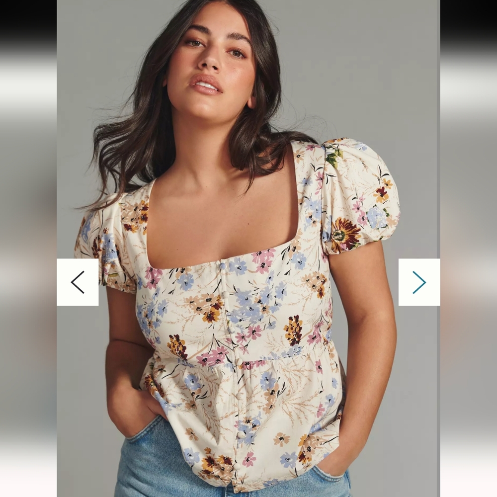Anthropologie Puff Sleeve Peplum Top Women's Medium Square Neckline Floral